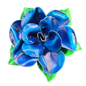 Vtg 1960s Mod Blue Large Enamel Rose Flower Pin Brooch